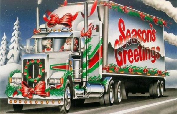 Season's Greetings big rig truck with Santa 